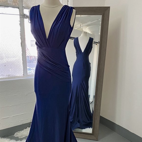 Vintage Navy Blue Satin Lace Appliques Mermaid Evening Dress Prom Dress Y8497 main image 1